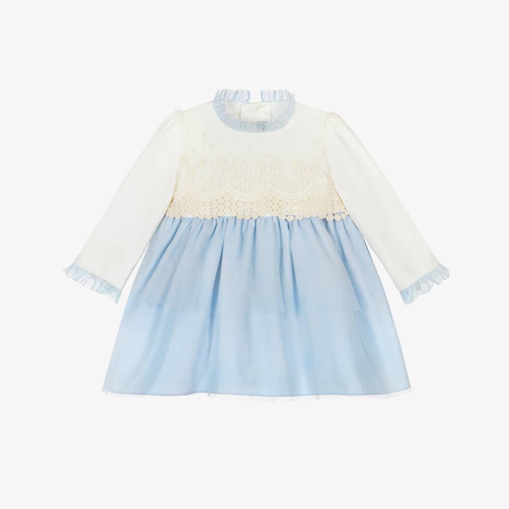 Miranda-Baby Girls Blue Dress with Lace Detail | Childrensalon