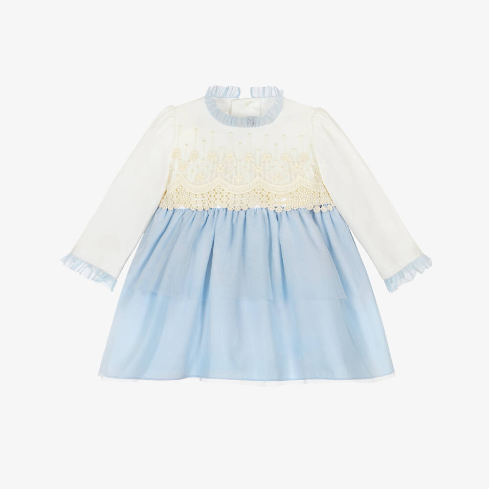 Miranda-Baby Girls Blue Dress with Lace Detail | Childrensalon