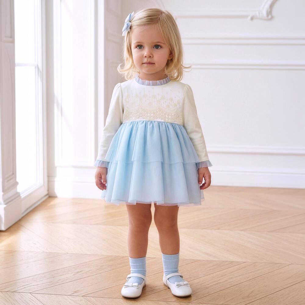 Miranda-Baby Girls Blue Dress with Lace Detail | Childrensalon