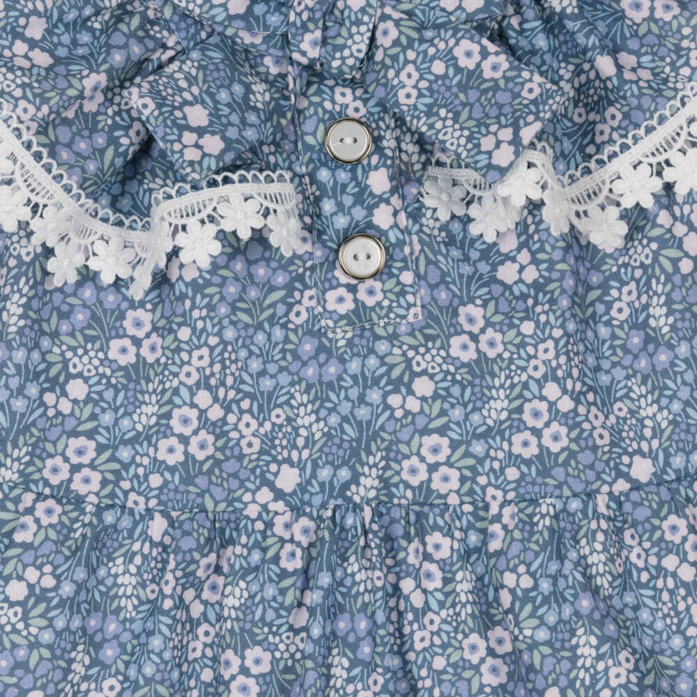 Miranda-Baby Girls Blue & Pink Floral Cotton Dress with Lace Trim | Childrensalon