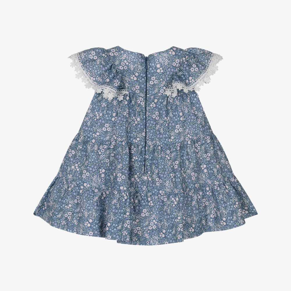Miranda-Baby Girls Blue & Pink Floral Cotton Dress with Lace Trim | Childrensalon
