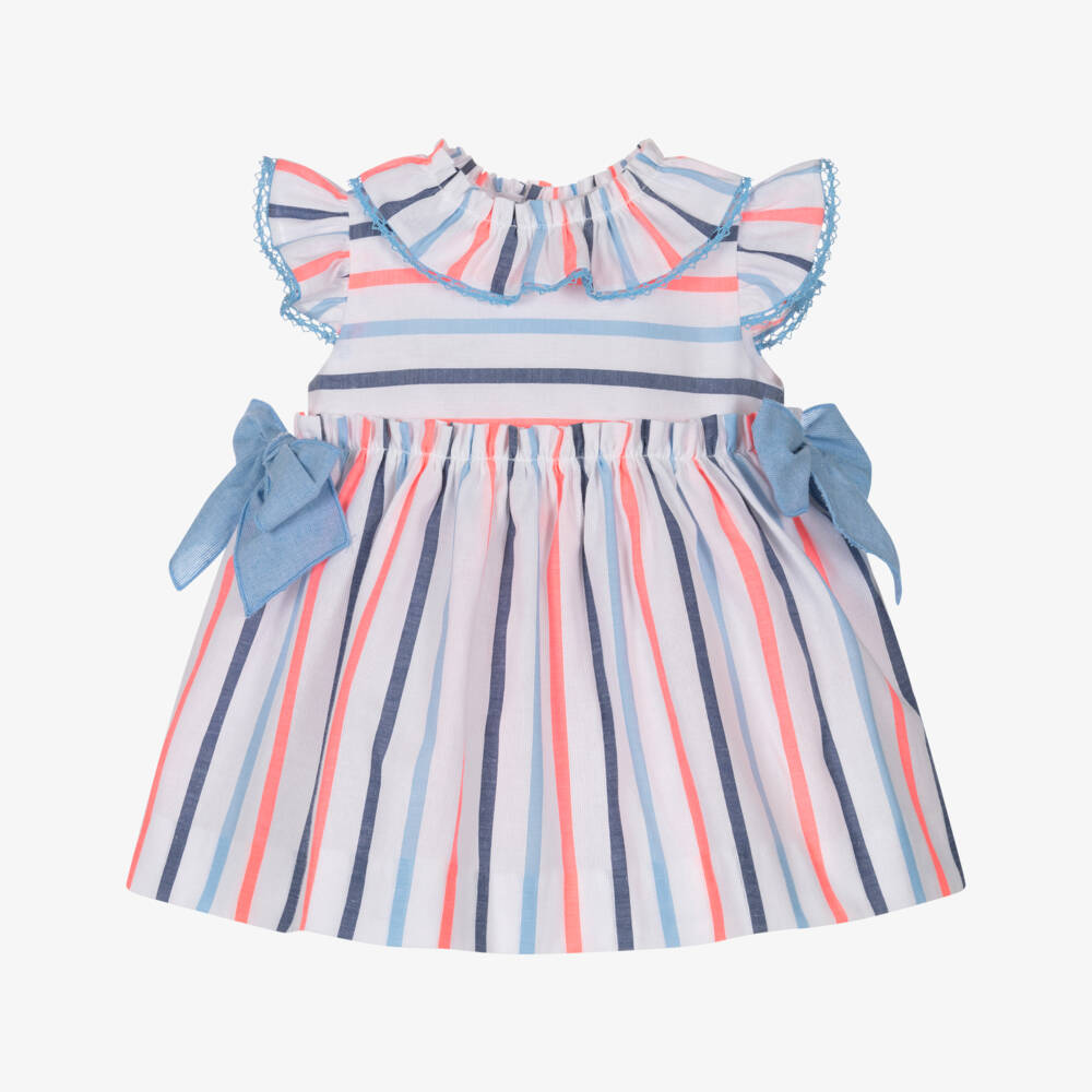 Miranda-Baby Girls Blue Striped Dress with Bows | Childrensalon