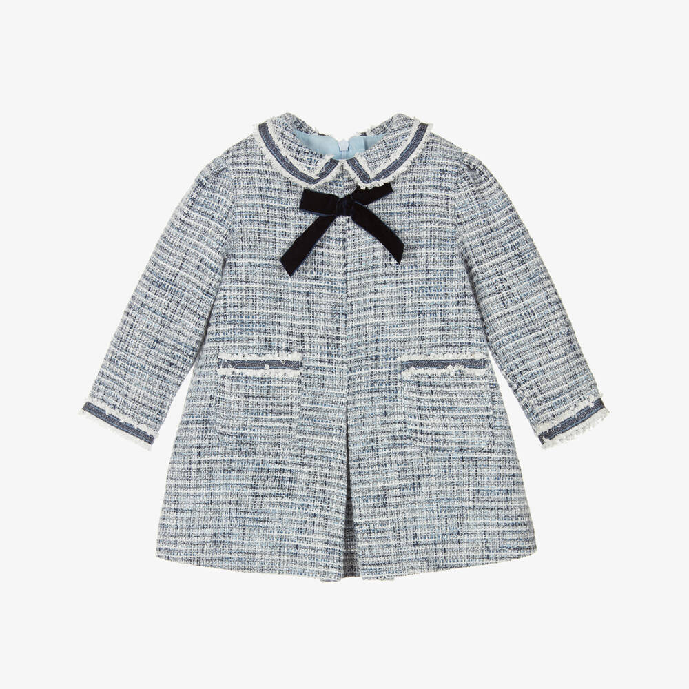 Miranda-Baby Girls Blue Tweed & Glittery Silver Dress with Velvet Bow | Childrensalon