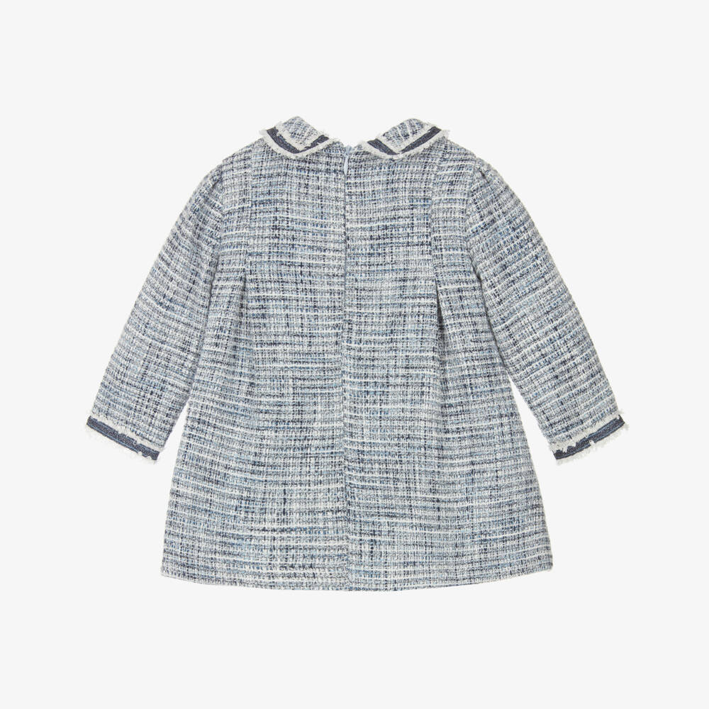 Miranda-Baby Girls Blue Tweed & Glittery Silver Dress with Velvet Bow | Childrensalon