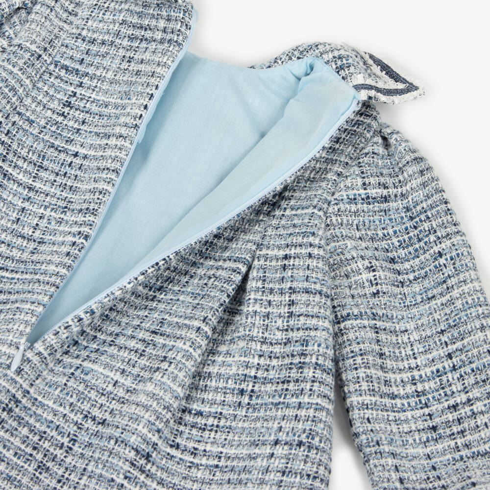 Miranda-Baby Girls Blue Tweed & Glittery Silver Dress with Velvet Bow | Childrensalon