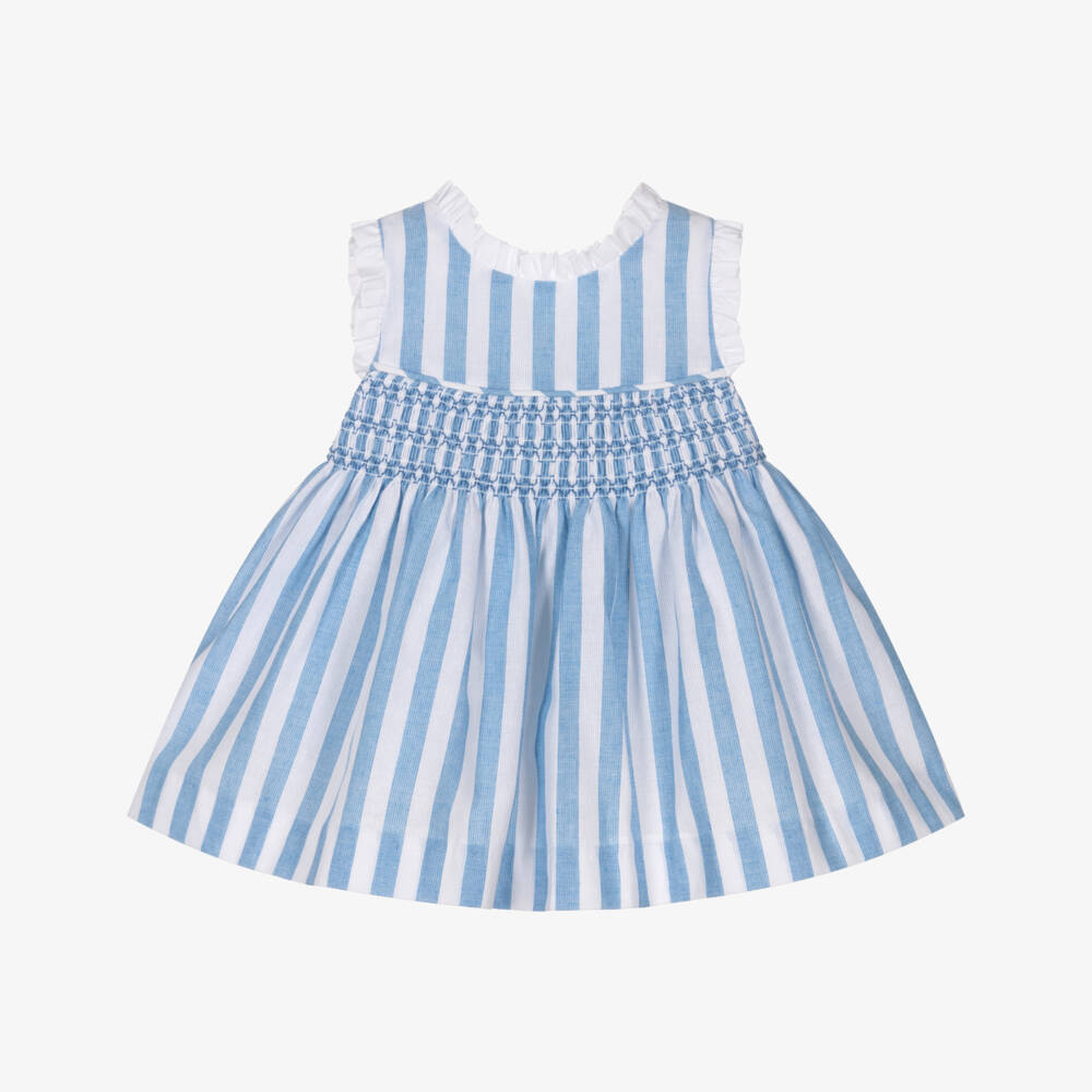 Miranda-Baby Girls Blue & White Striped Cotton Smocked Dress | Childrensalon