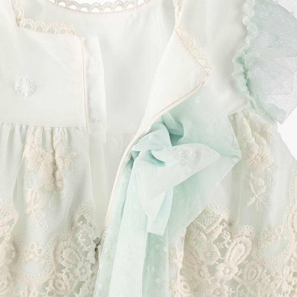 Miranda-Baby Girls Green Tulle & Ivory Embroidered Lace Dress | Childrensalon
