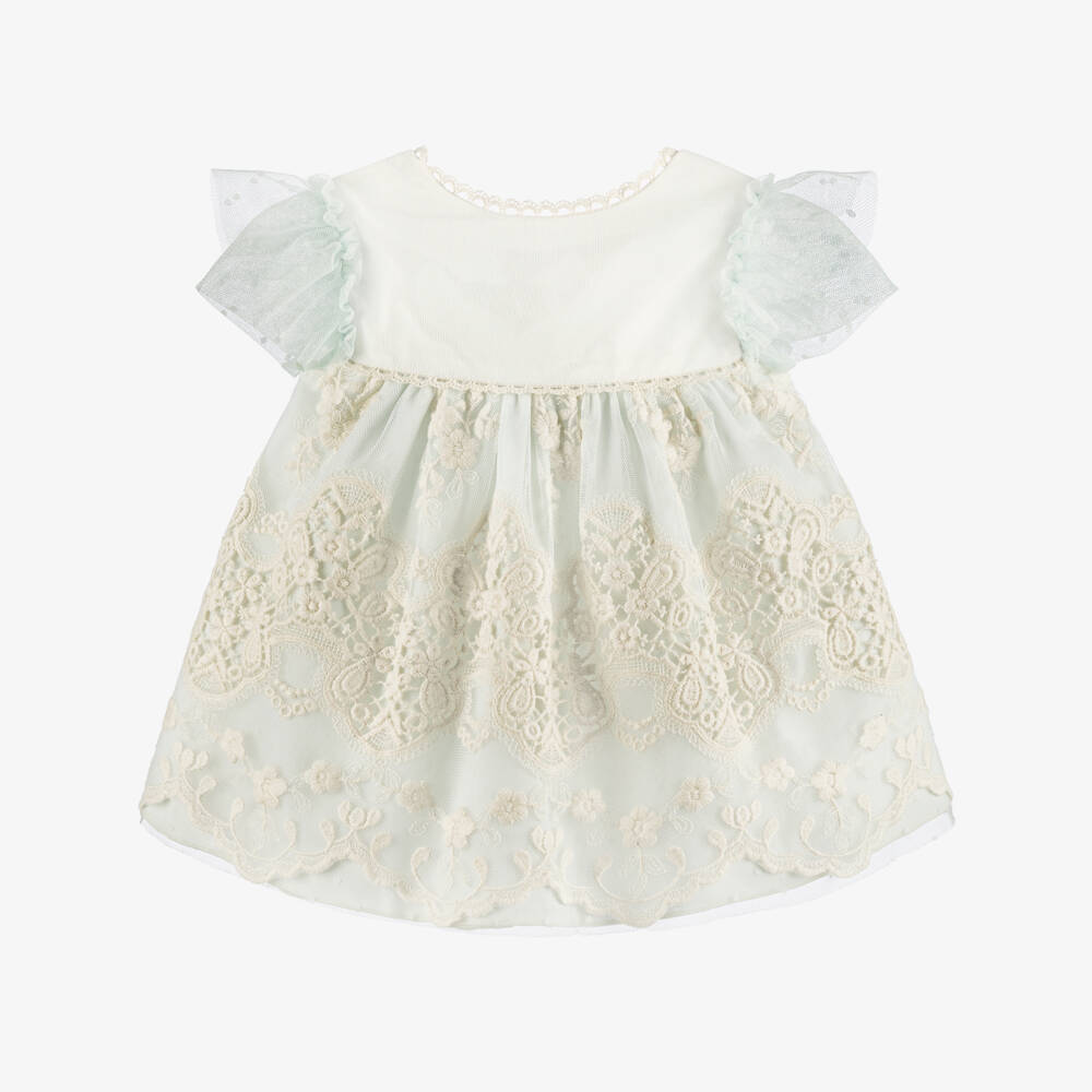Miranda-Baby Girls Green Tulle & Ivory Embroidered Lace Dress | Childrensalon