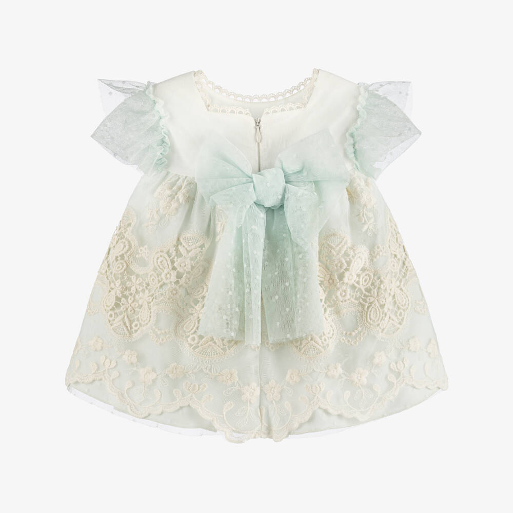 Miranda-Baby Girls Green Tulle & Ivory Embroidered Lace Dress | Childrensalon