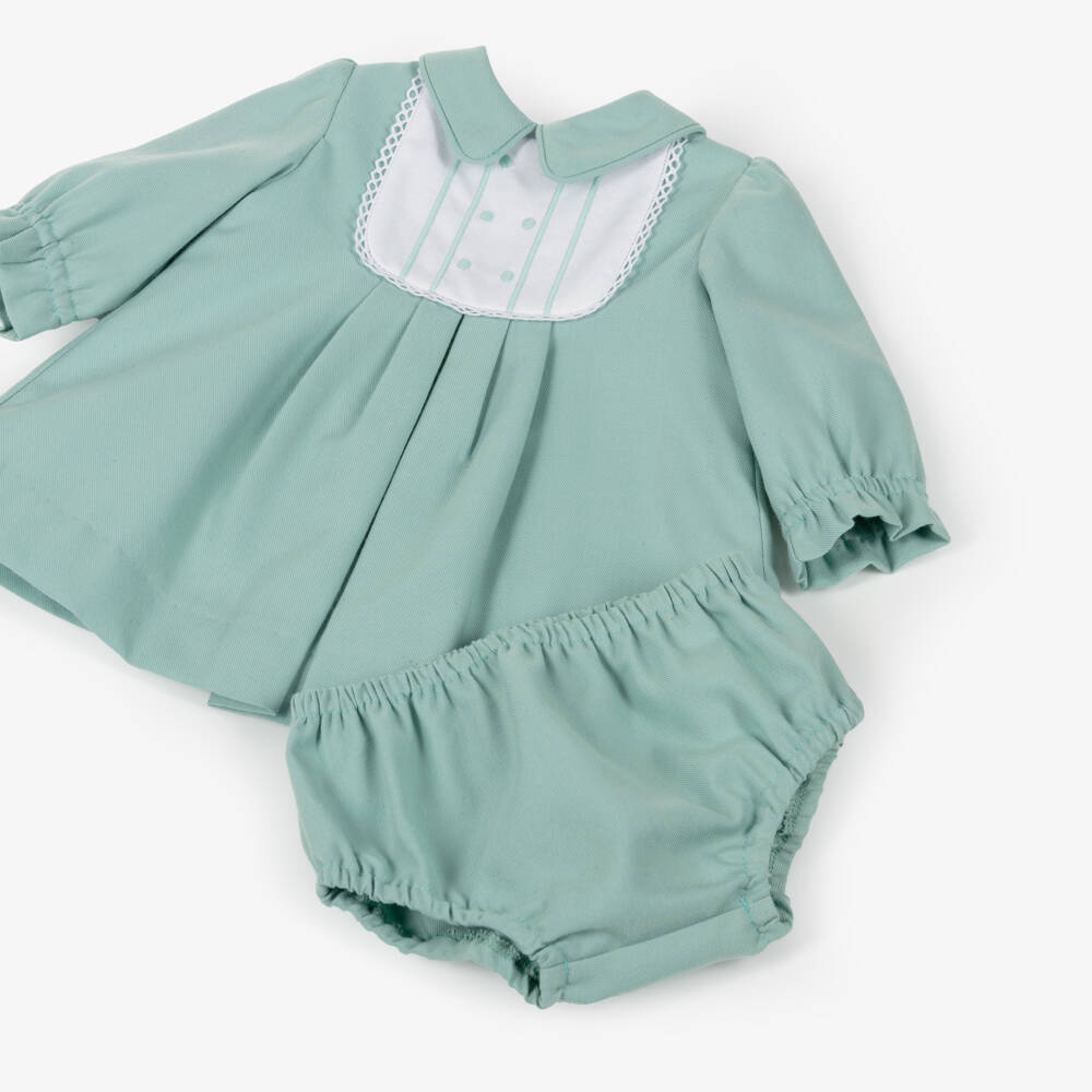 Miranda-Baby Girls Green Twill Dress | Childrensalon