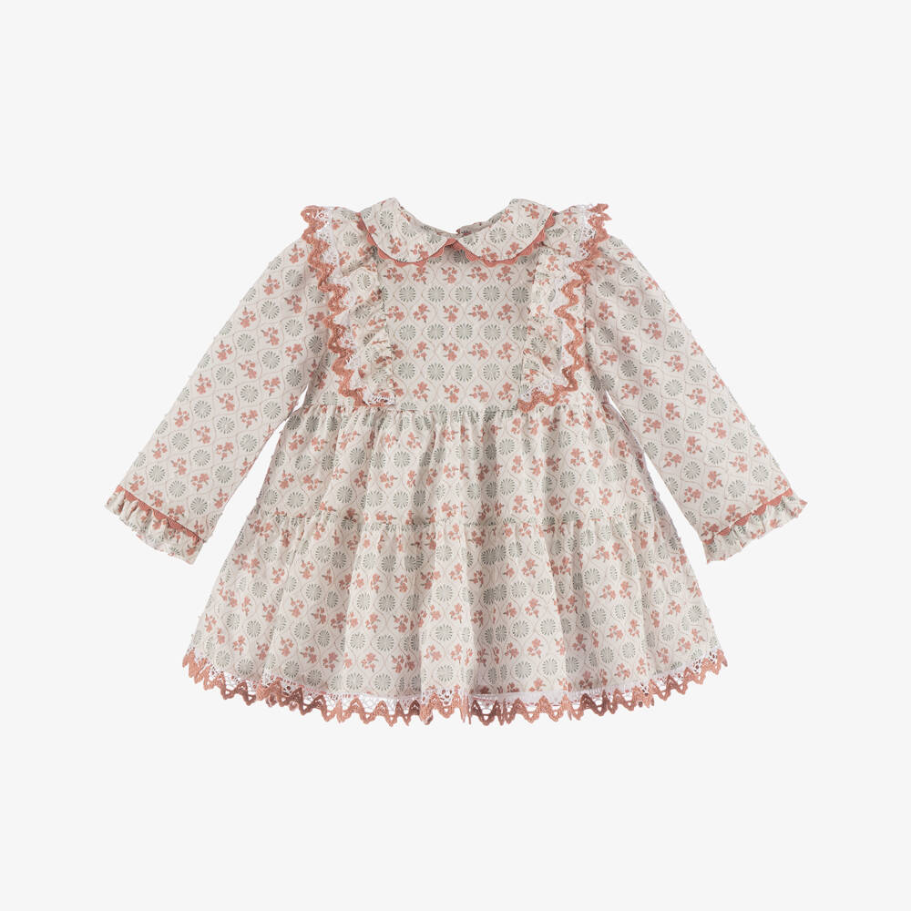 Miranda-Baby Girls Ivory Floral Cotton Long-Sleeved Dress | Childrensalon