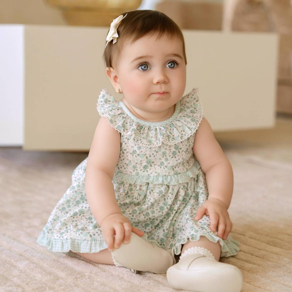 Miranda-Платье пастельно-зеленое из хлопка с цветами для малышек | Childrensalon