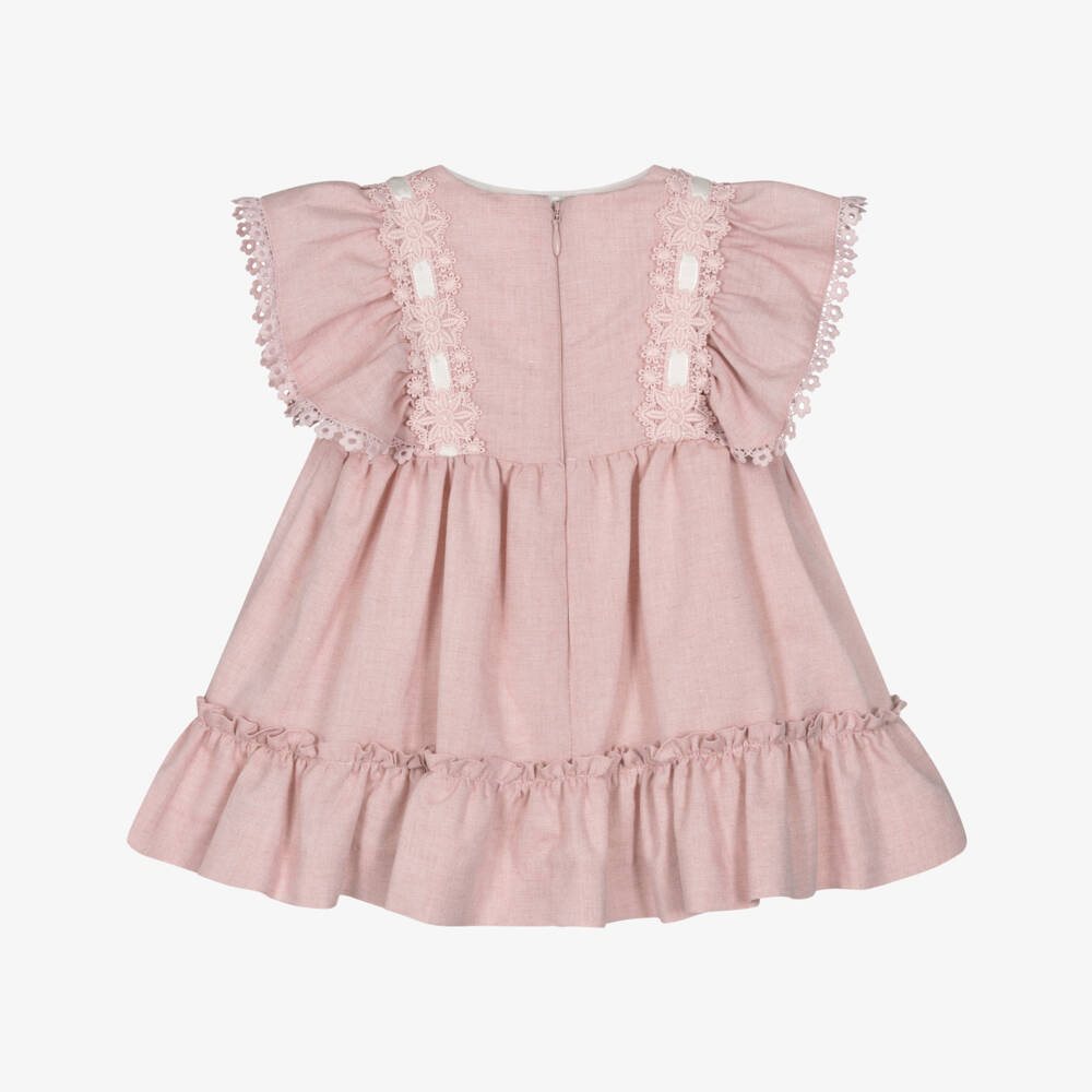 Miranda-Baby Girls Pink Cotton Dress with Lace Trims | Childrensalon