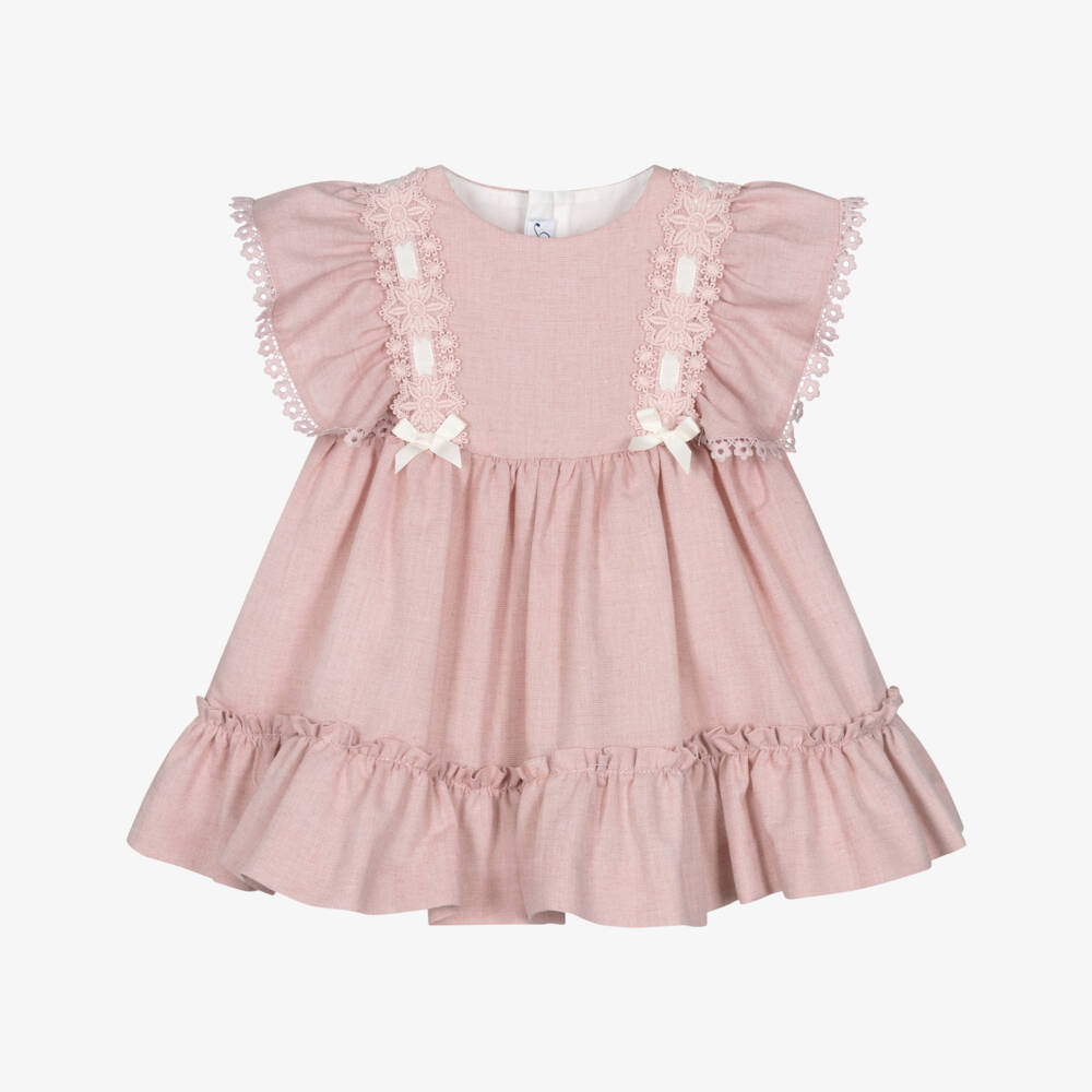 Miranda-Baby Girls Pink Cotton Dress with Lace Trims | Childrensalon