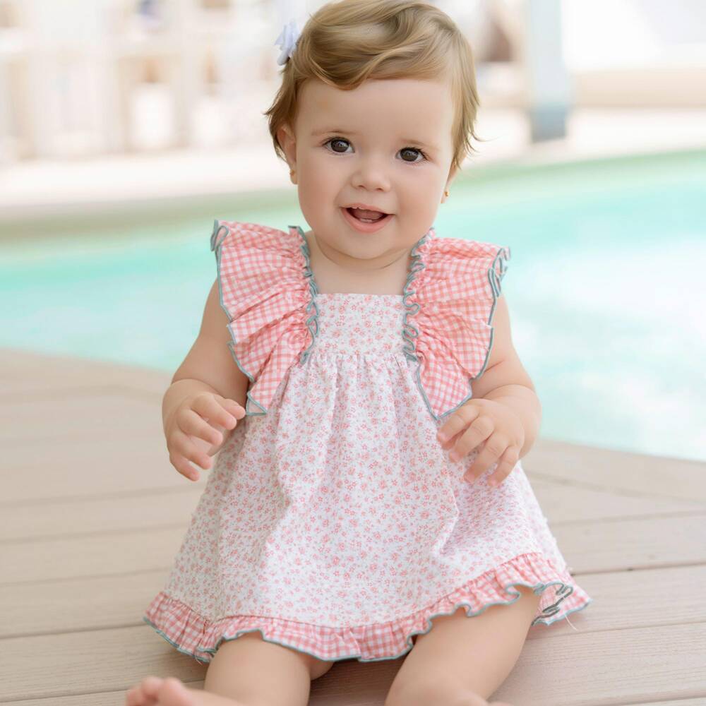 Miranda-Платье из розового хлопка с цветочным узором и клетчатыми оборками для малышей девочек | Childrensalon