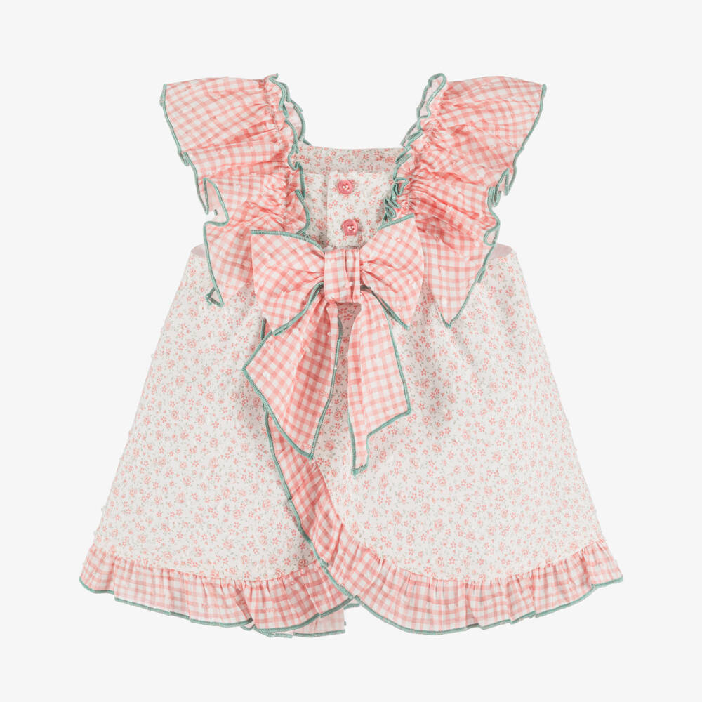 Miranda-Baby Girls Pink Cotton Floral Dress with Gingham Ruffles | Childrensalon