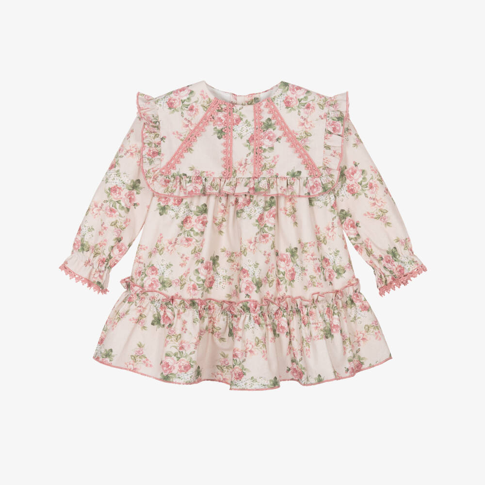 Miranda-Baby Girls Pink Floral Cotton Dress with Ruffle Collar | Childrensalon