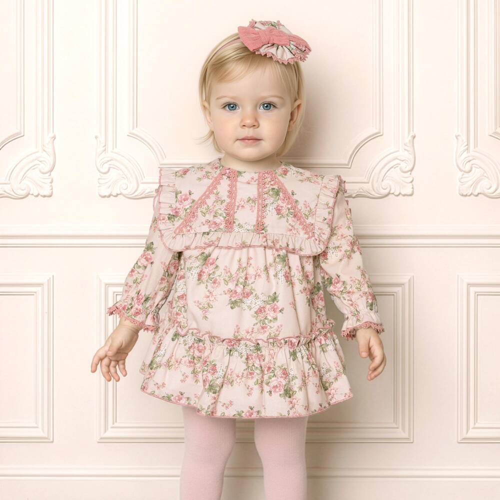 Miranda-Baby Girls Pink Floral Cotton Dress with Ruffle Collar | Childrensalon