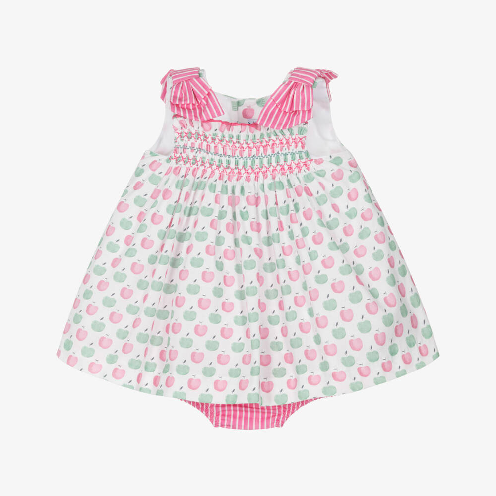 Miranda-Baby Girls Pink & Green Cotton Apples Dress with Smocking | Childrensalon