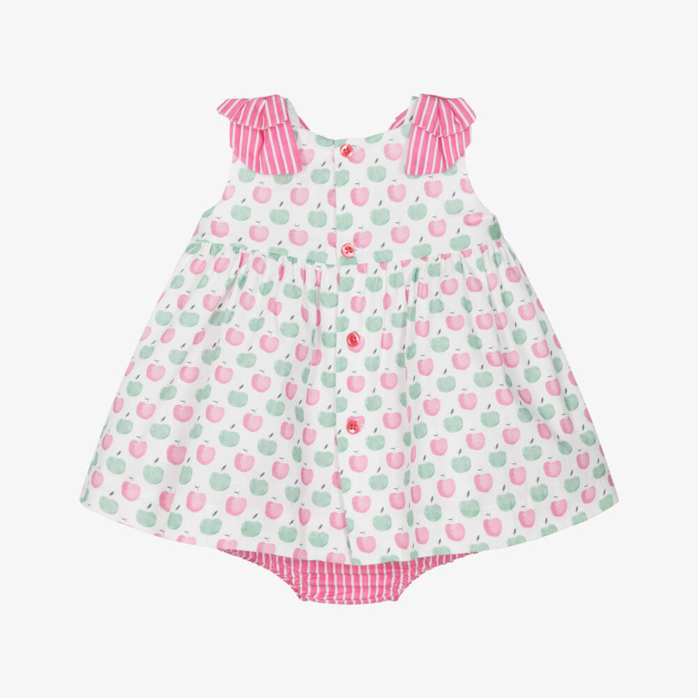 Miranda-Baby Girls Pink & Green Cotton Apples Dress with Smocking | Childrensalon