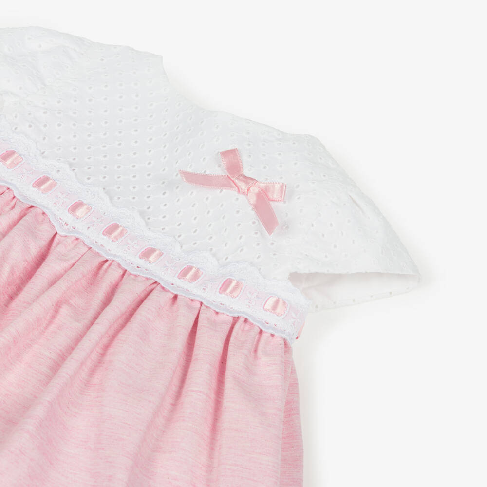 Miranda-Baby Girls Pink & White Cotton Broderie Anglaise Dress | Childrensalon