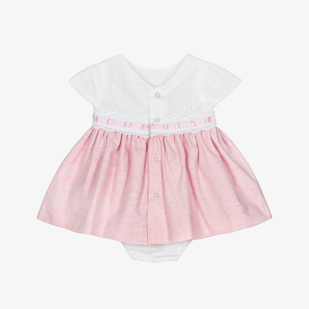 Miranda-Baby Girls Pink & White Cotton Broderie Anglaise Dress | Childrensalon