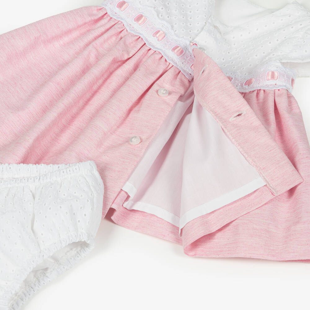 Miranda-Baby Girls Pink & White Cotton Broderie Anglaise Dress | Childrensalon