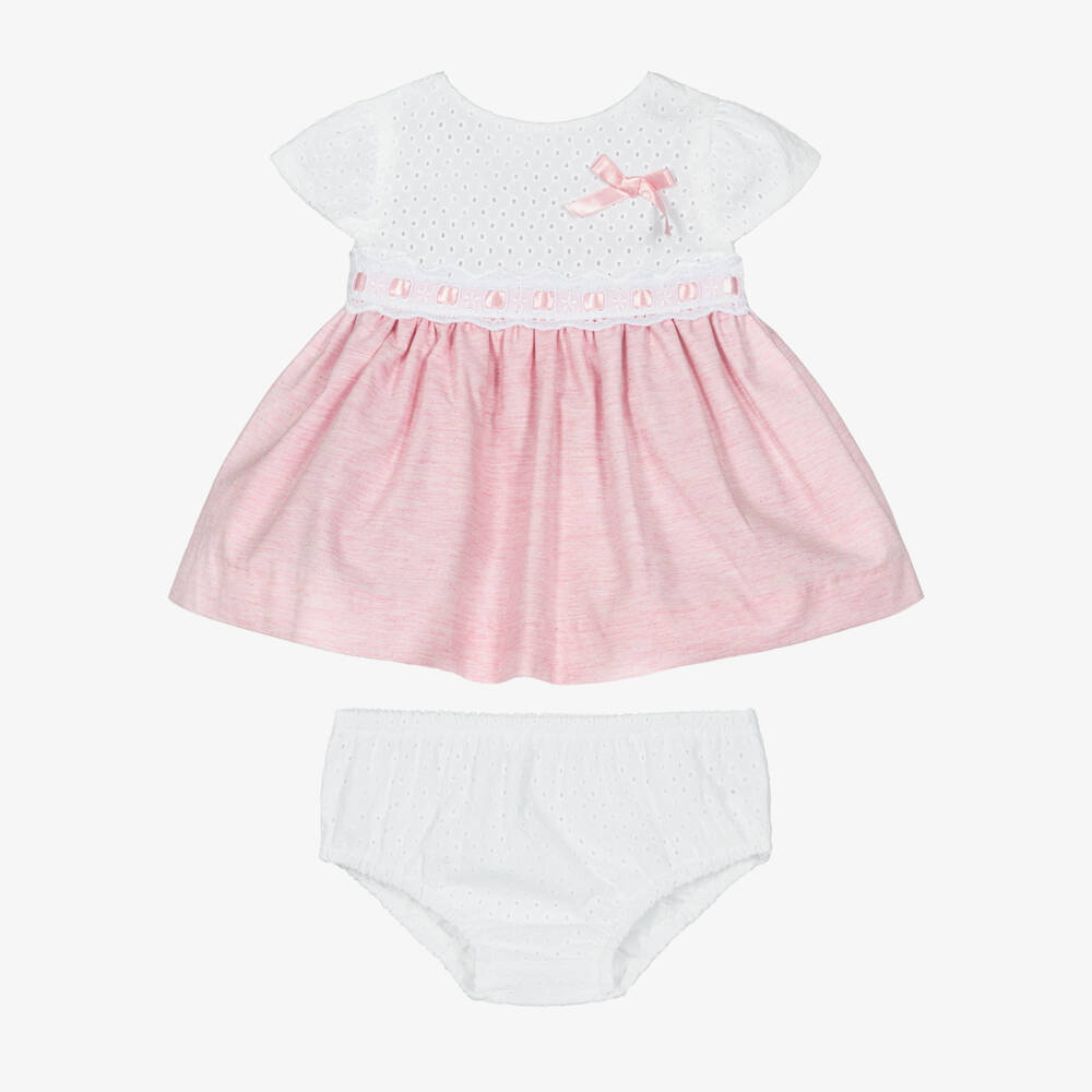Miranda-Baby Girls Pink & White Cotton Broderie Anglaise Dress | Childrensalon