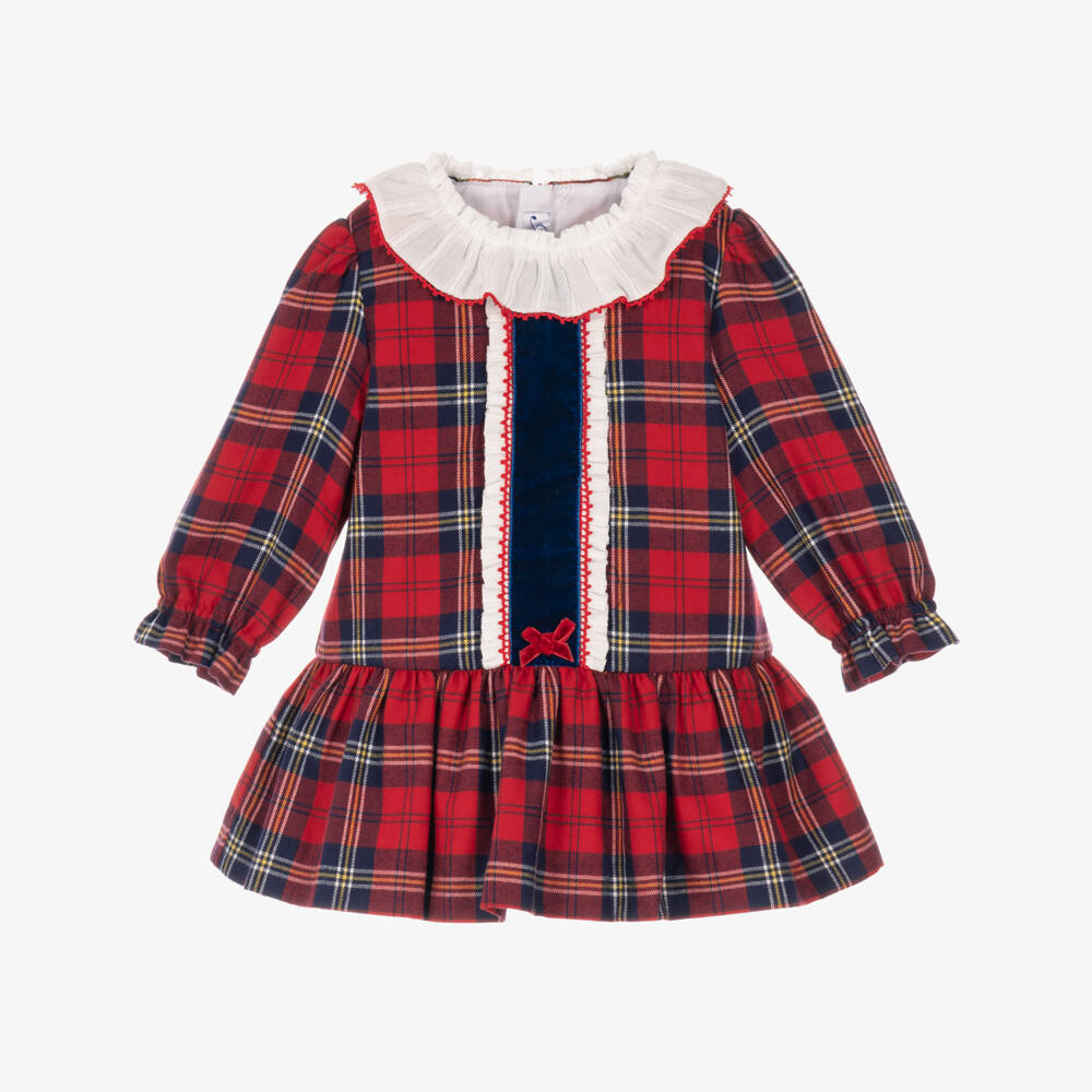 Miranda-Baby Girls Red Tartan Dress with Ruffle Collar | Childrensalon