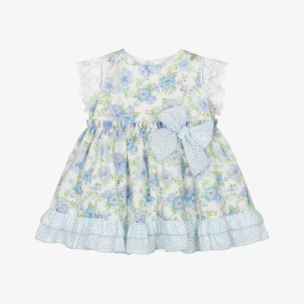 Miranda-Baby Girls White & Blue Floral Cotton Dress with Lacy Trims | Childrensalon