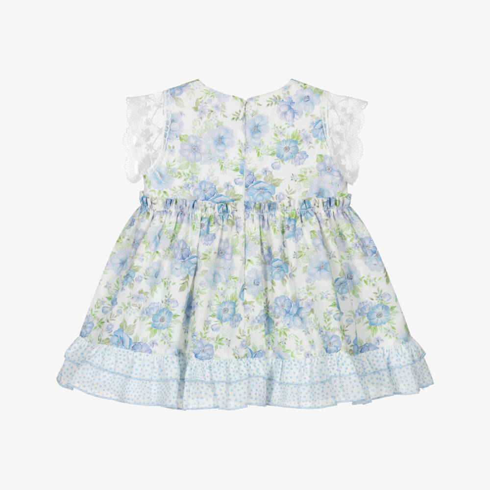 Miranda-Baby Girls White & Blue Floral Cotton Dress with Lacy Trims | Childrensalon