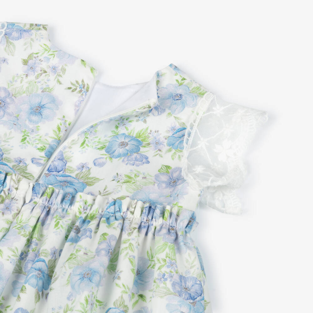 Miranda-Baby Girls White & Blue Floral Cotton Dress with Lacy Trims | Childrensalon