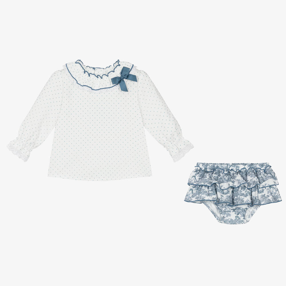 Miranda-Baby Girls White & Blue Shorts Set | Childrensalon
