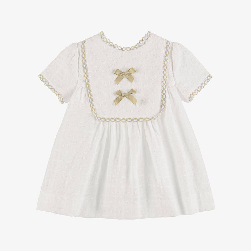 Miranda-Baby Girls White Cotton Dress with Beige Trim | Childrensalon