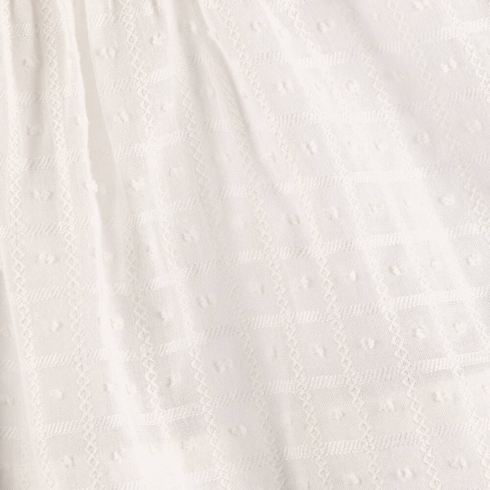 Miranda-Baby Girls White Cotton Dress with Beige Trim | Childrensalon