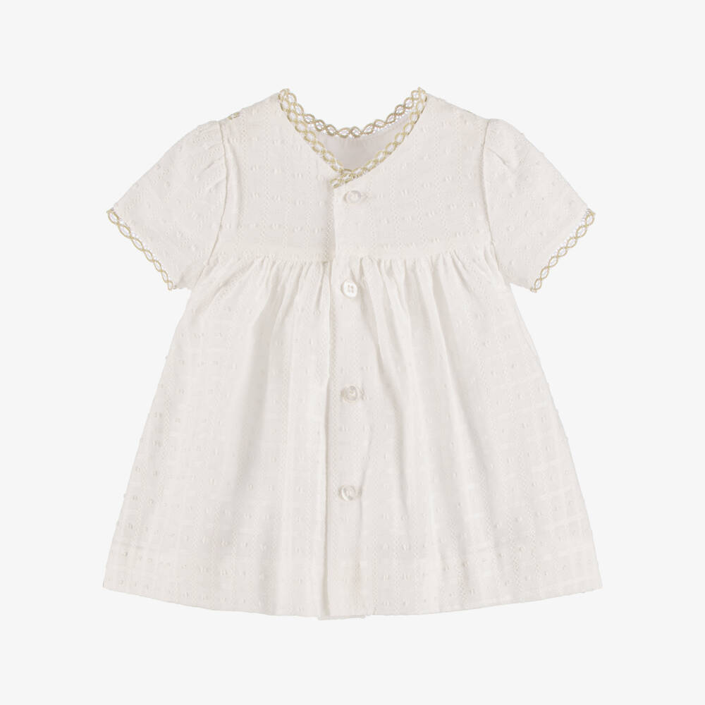 Miranda-Baby Girls White Cotton Dress with Beige Trim | Childrensalon