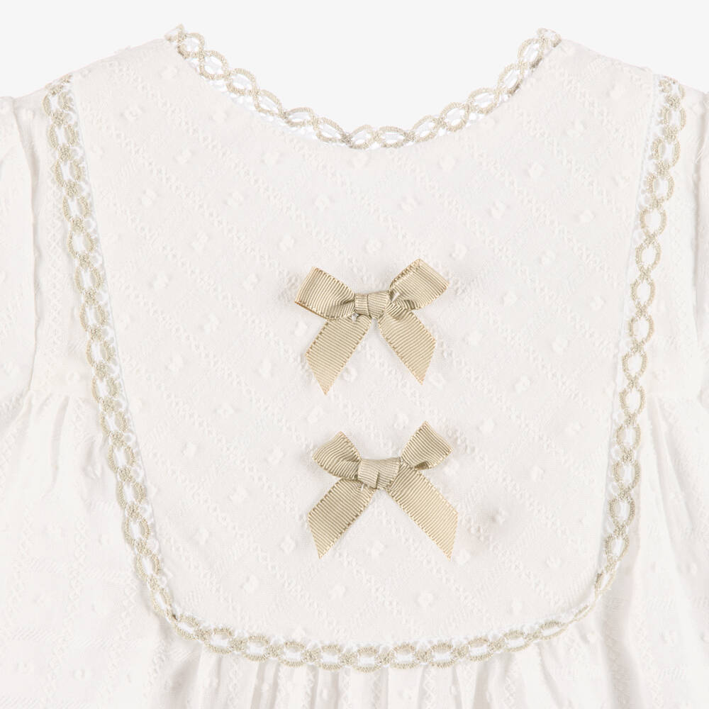 Miranda-Baby Girls White Cotton Dress with Beige Trim | Childrensalon