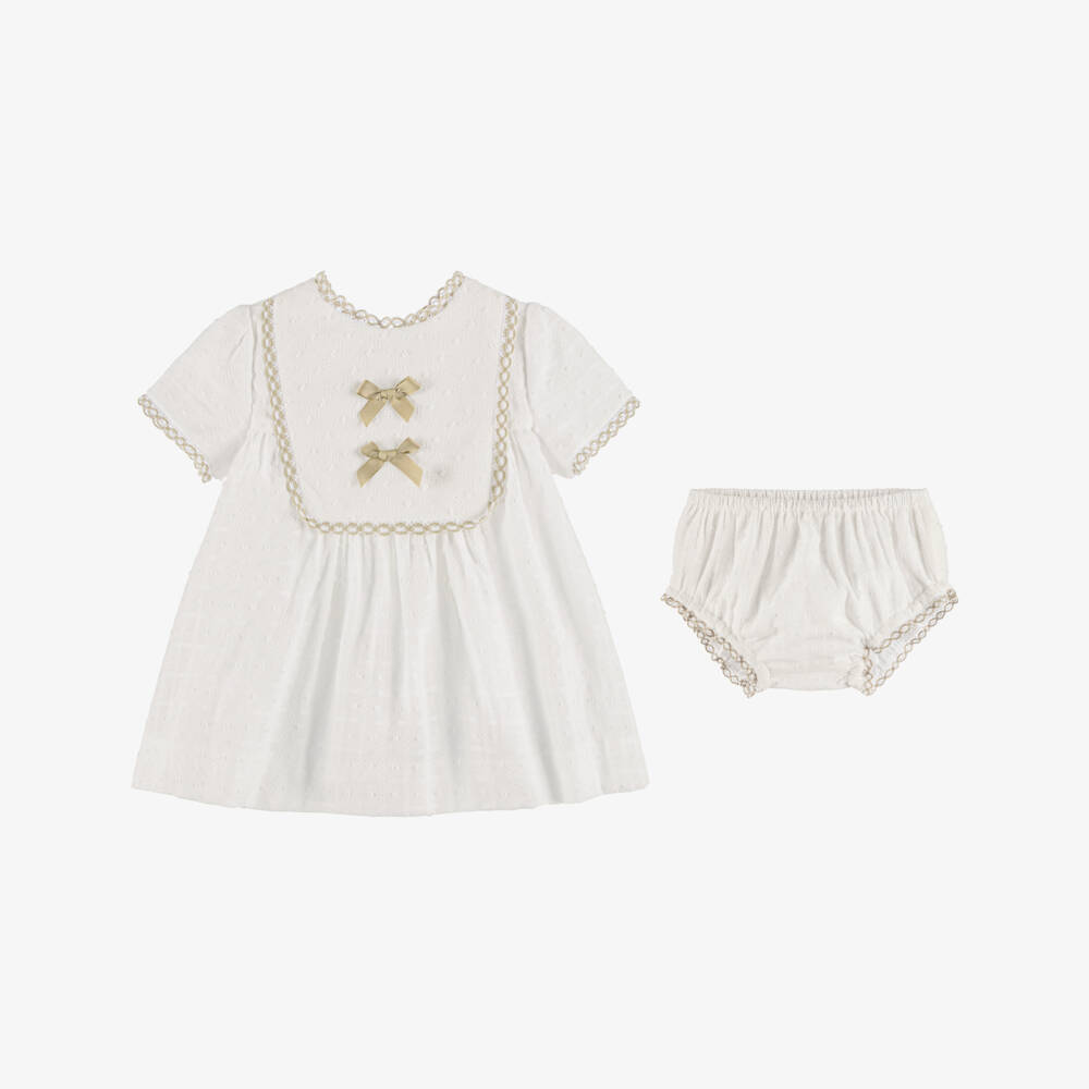 Miranda-Baby Girls White Cotton Dress with Beige Trim | Childrensalon