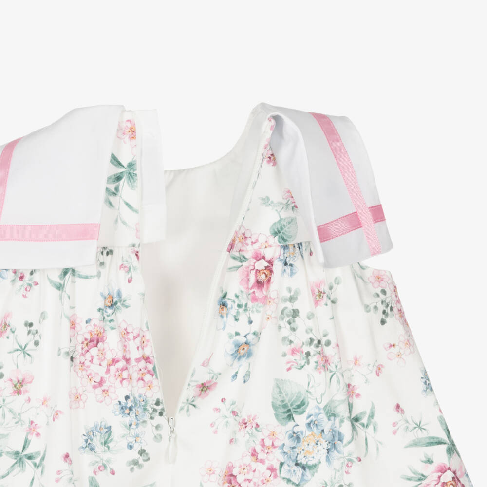 Miranda-Baby Girls White Cotton Dress with Pink & Blue Floral Print | Childrensalon