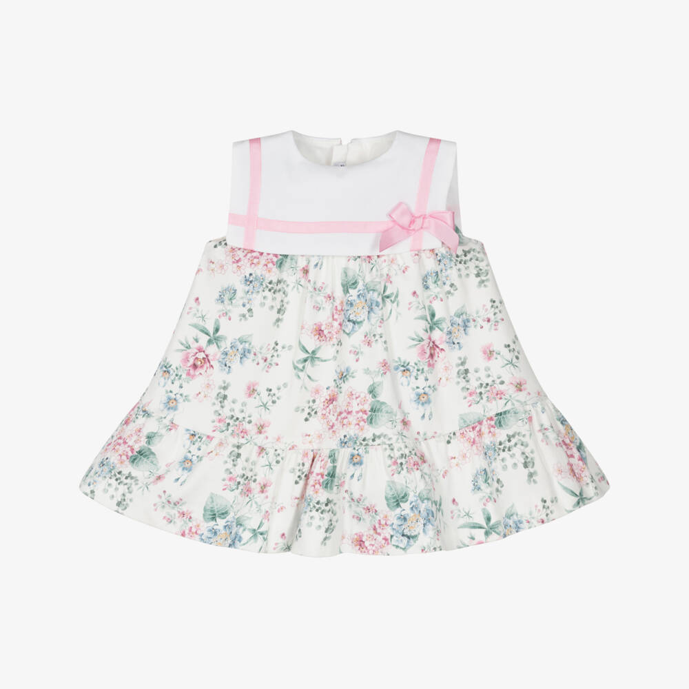 Miranda-Baby Girls White Cotton Dress with Pink & Blue Floral Print | Childrensalon