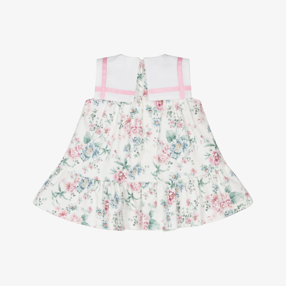 Miranda-Baby Girls White Cotton Dress with Pink & Blue Floral Print | Childrensalon