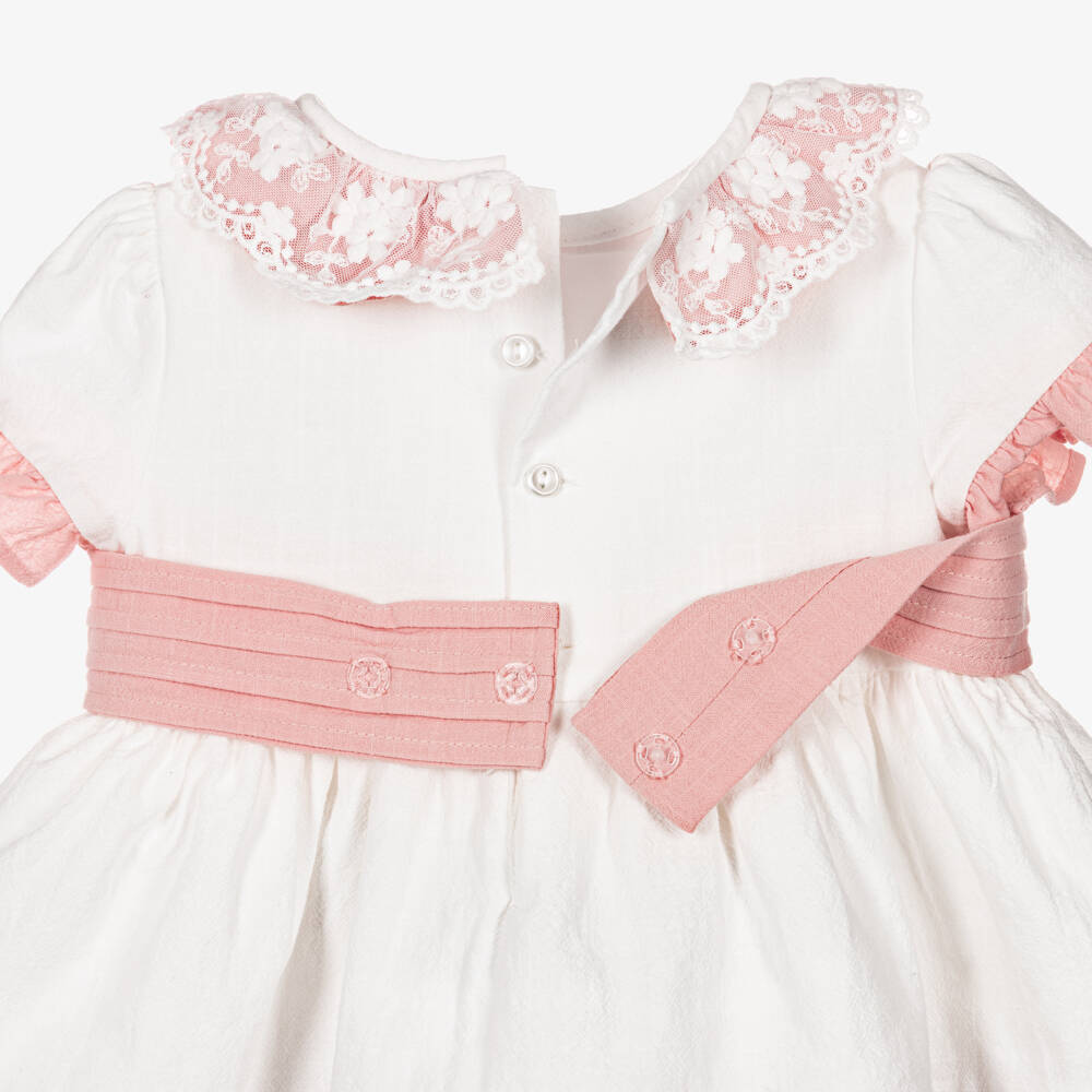 Miranda-Baby Girls White & Pink Cotton Dress with Lacy Collar | Childrensalon