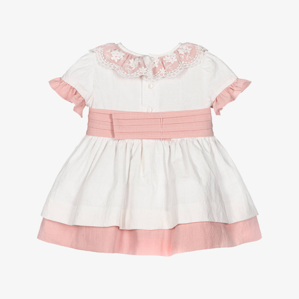 Miranda-Baby Girls White & Pink Cotton Dress with Lacy Collar | Childrensalon