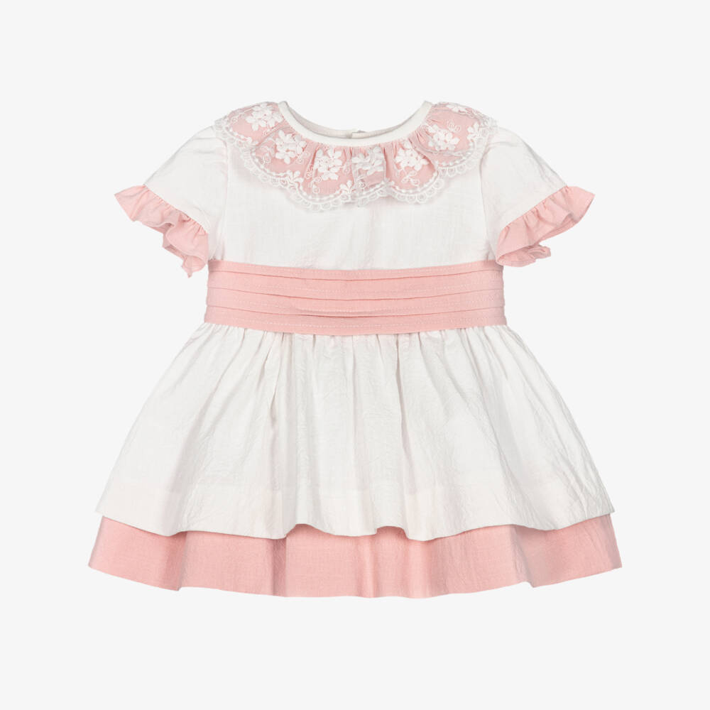 Miranda-Baby Girls White & Pink Cotton Dress with Lacy Collar | Childrensalon