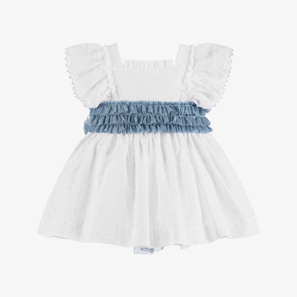 Miranda-Baby Girls White Plumeti Cotton Dress with Blue Tulle Trim | Childrensalon