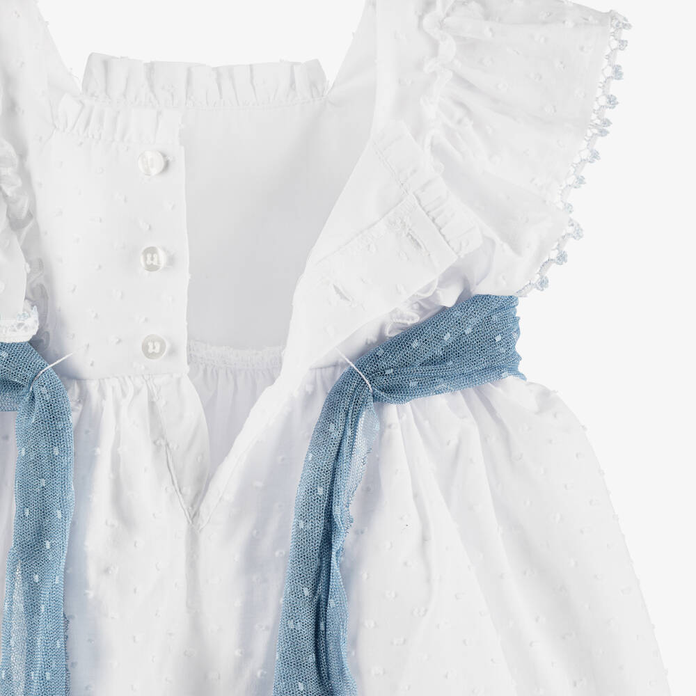 Miranda-Baby Girls White Plumeti Cotton Dress with Blue Tulle Trim | Childrensalon