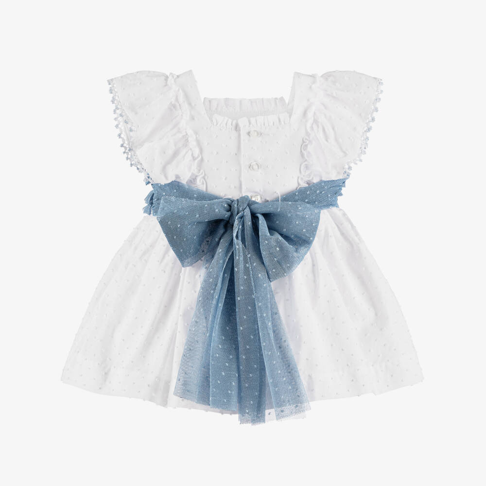 Miranda-Baby Girls White Plumeti Cotton Dress with Blue Tulle Trim | Childrensalon
