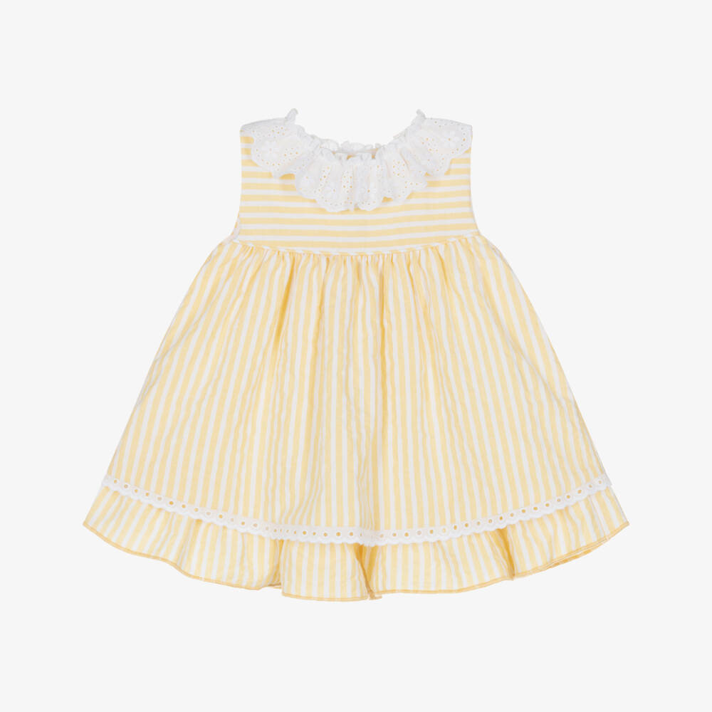 Miranda-Baby Girls Yellow Stripe Dress with Broderie Trims | Childrensalon