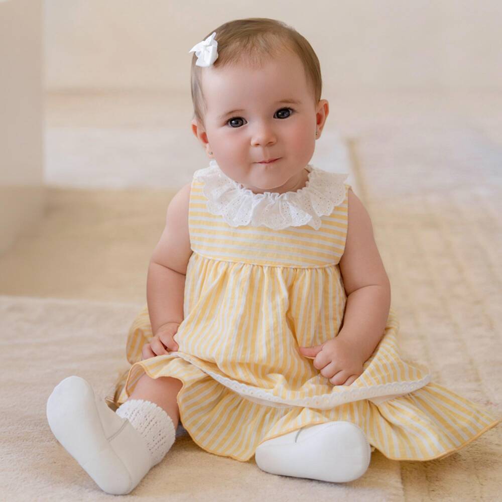 Miranda-Платье жёлтое в полоску с вышивкой бродери для малышек | Childrensalon