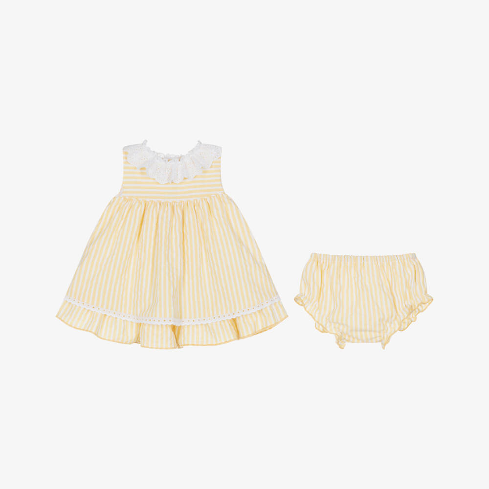 Miranda-Baby Girls Yellow Stripe Dress with Broderie Trims | Childrensalon